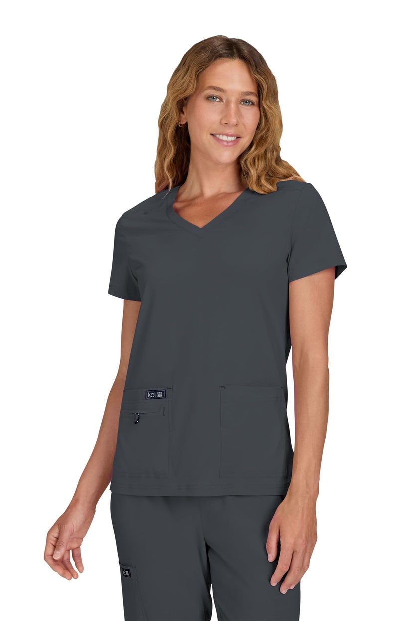 KOI Basics Becca Women's 4-Pocket Stretch Scrub Top Charcoal X-Small - Image 1